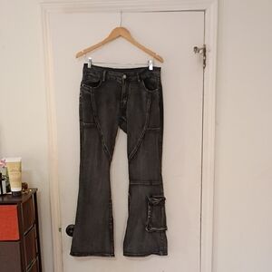 Women’s Black Washed Stretch Cargo Flare Jeans 30